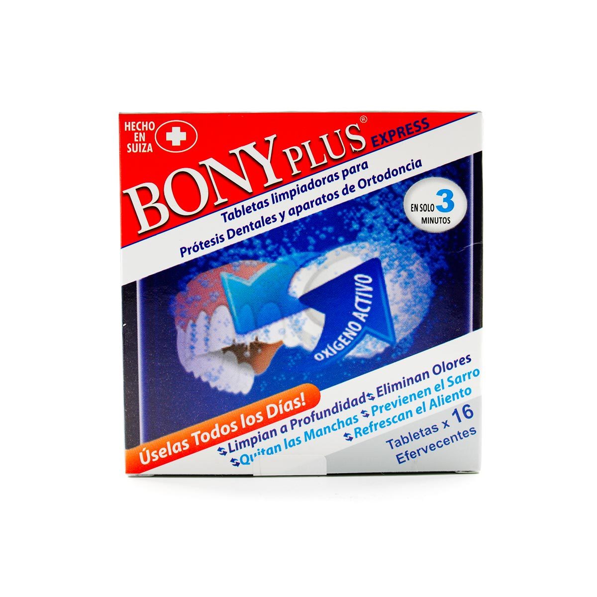 Tabletas Limpiadoras Efervescentes Bony Plus Prótesis Dental Caja X 16 Uds