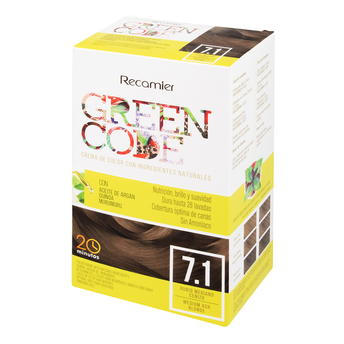 Tinte Permanente Green Code Kit 7.1 Rubio Mediano Cenizo x Caja.