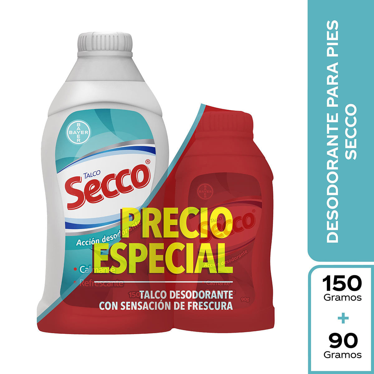 Talco Secco Bayer Acción Desodorante Frasco x 150 g + Talco Secco Bayer Acción Desodorante Frasco x 90 g Precio Especial.