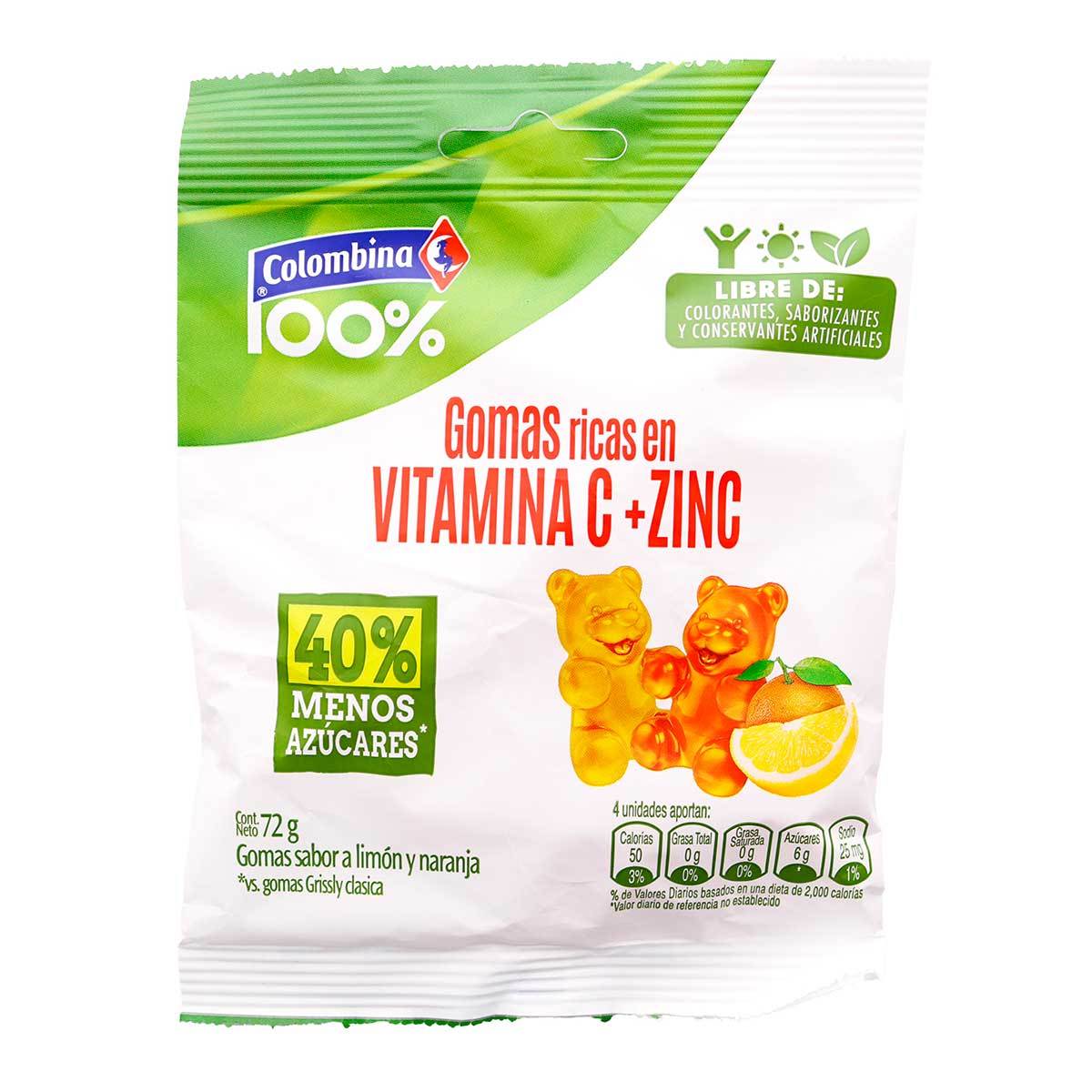 Gomas Vitamina C + Zinc Colombina Sabor Limón Y Naranja Paquete X 72 G.