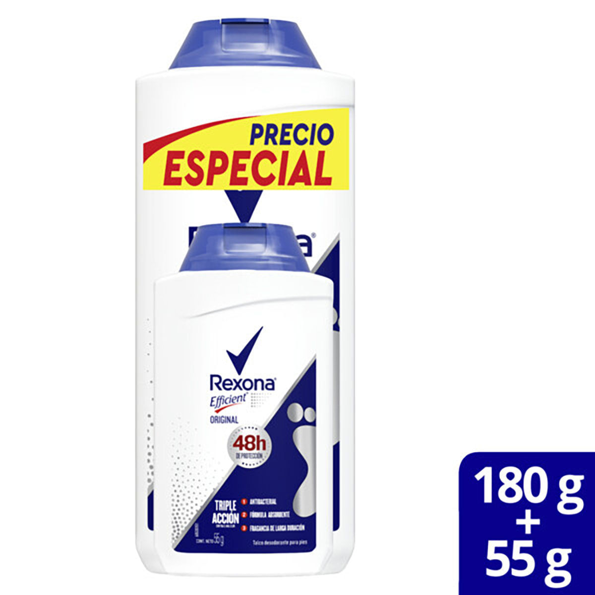 Talco para Pies Rexona Efficient Original Triple Acción Frasco x 180 g + Talco para Pies Rexona Efficient Original Frasco x 55 g Precio Especial.