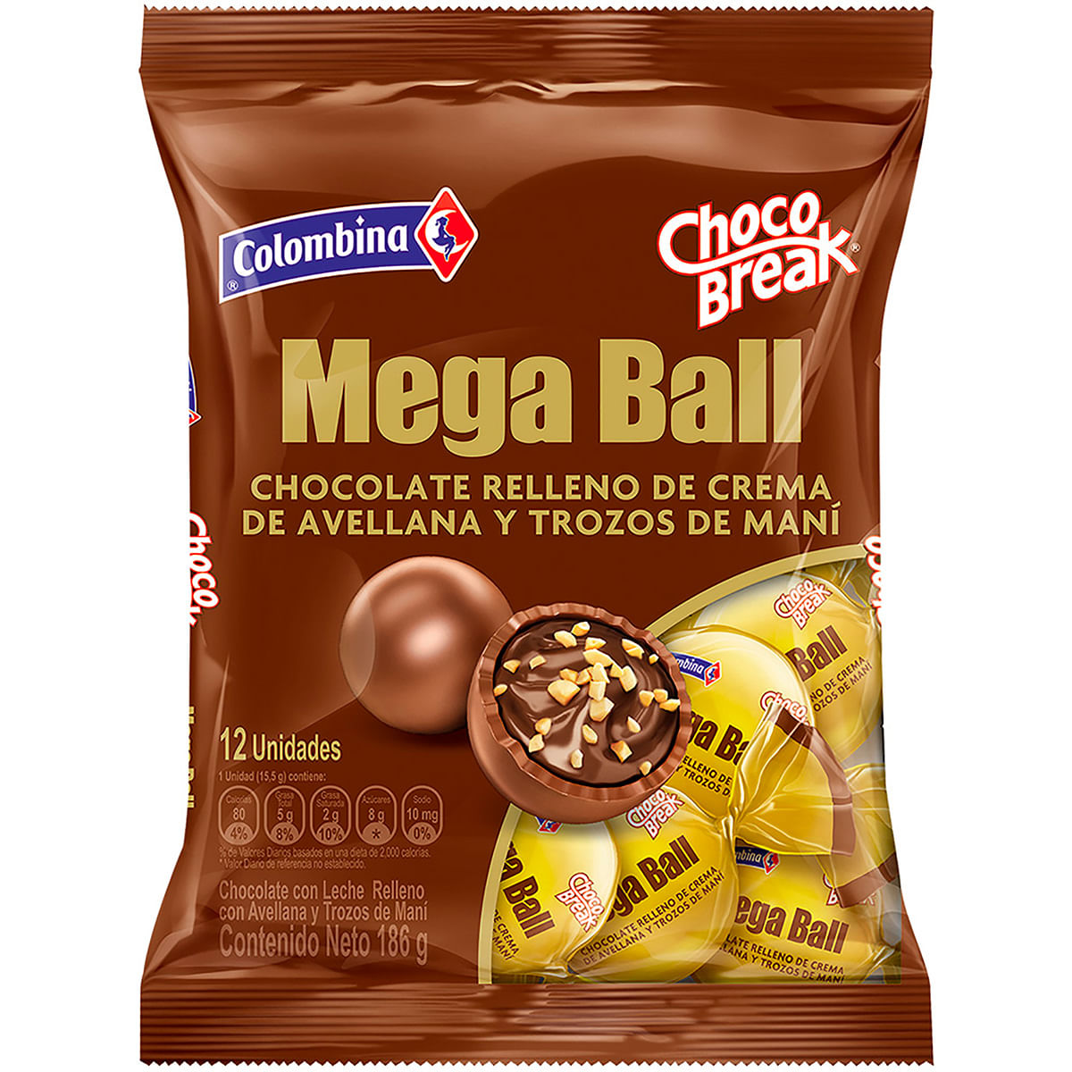 Chocolate Choco Break Mega Ball Avellana y Maní Paquete x 168 g x 12 Uds