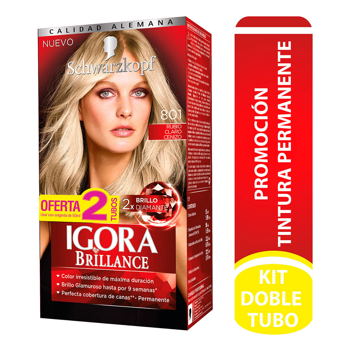 Tintura Permanente Schwarzkopf Igora Brillance 801 Rubio Claro Cenizo x Caja Oferta 2 Tubos.