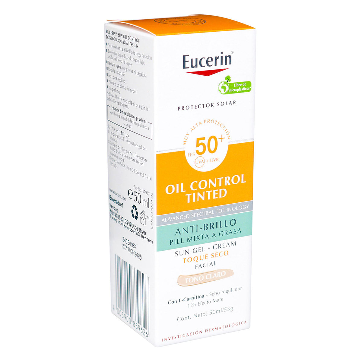 Protector Solar Eucerin Crema Toque Seco FPS 50 Tono Claro x 50 mL.