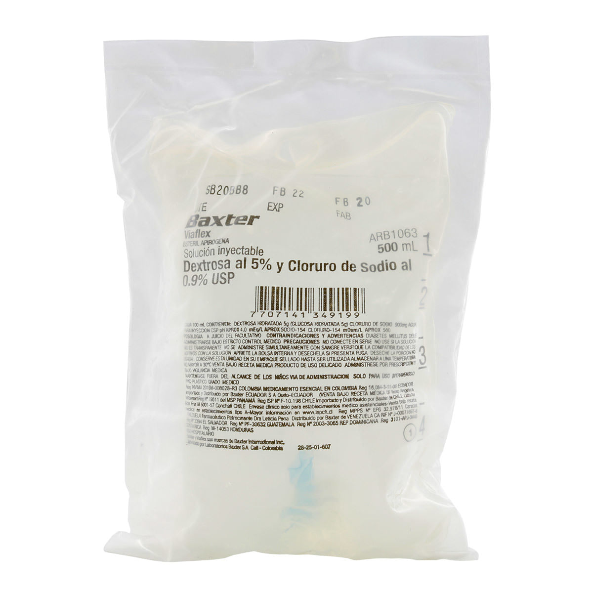 Solución Inyectable Baxter Dextrosa 5% Y Cloruro De Sodio 0.9% Usp Viaflex Empaque X 500 Ml.