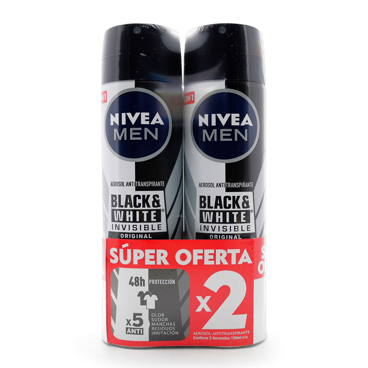Antitranspirante Nivea Men Invisible Black & White Aerosol x 150 mL x 2 Uds Súper Oferta