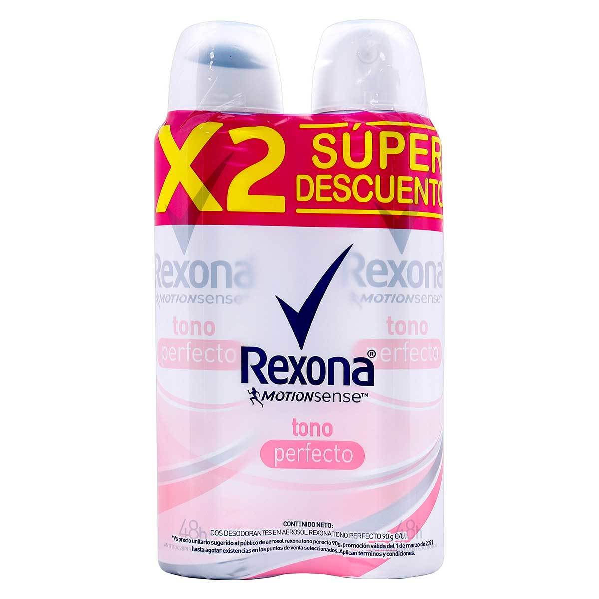 Desodorante Rexona Mujer Motionsense Tono Perfecto Aerosol x 90 g x 2 Uds Súper Descuento.