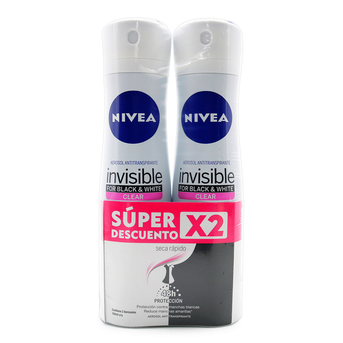 Antitranspirante Nivea Women Invisible Black & White Aerosol x 150 mL x 2 Uds Súper Oferta