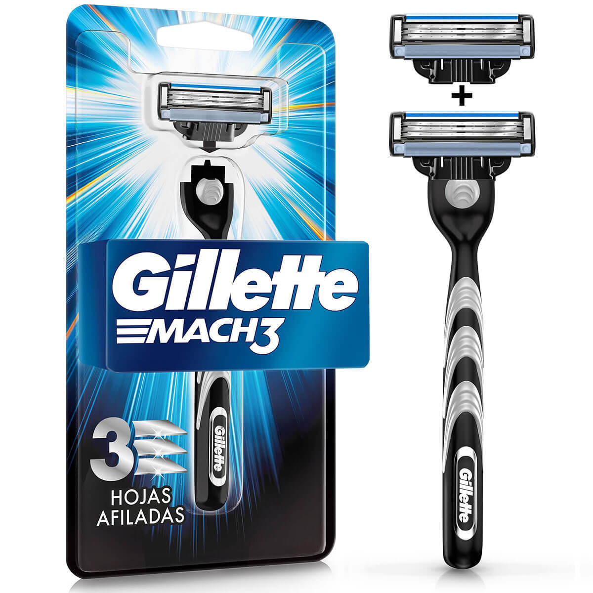 Máquina para Afeitar Gillette Mach 3 Blister x 1 Ud + 2 Cartuchos para Afeitar Gillete.