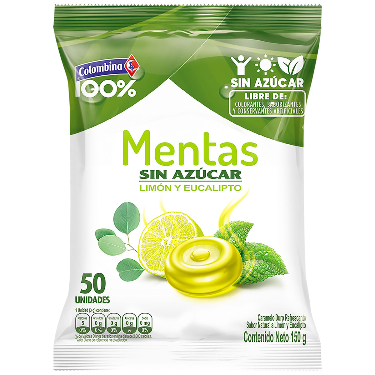 Mentas Colombina 100% Limón Y Eucalipto Sin Azúcar Paquete X 150 G X 50 Uds.
