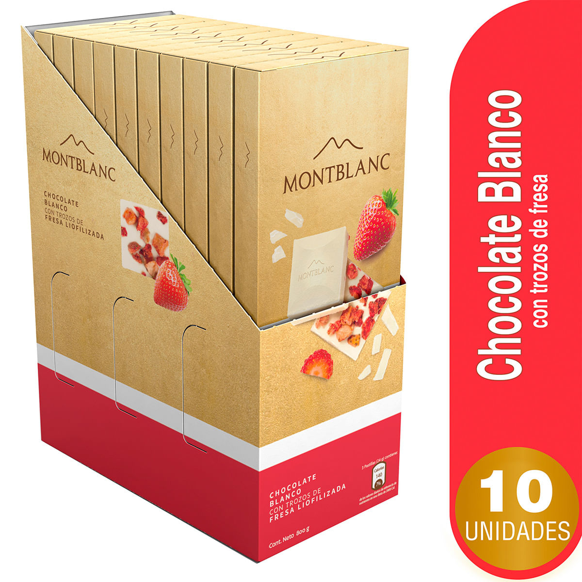 Chocolatina Mont Blanc Blanca con Fresa Caja x 80 g x 10 Uds