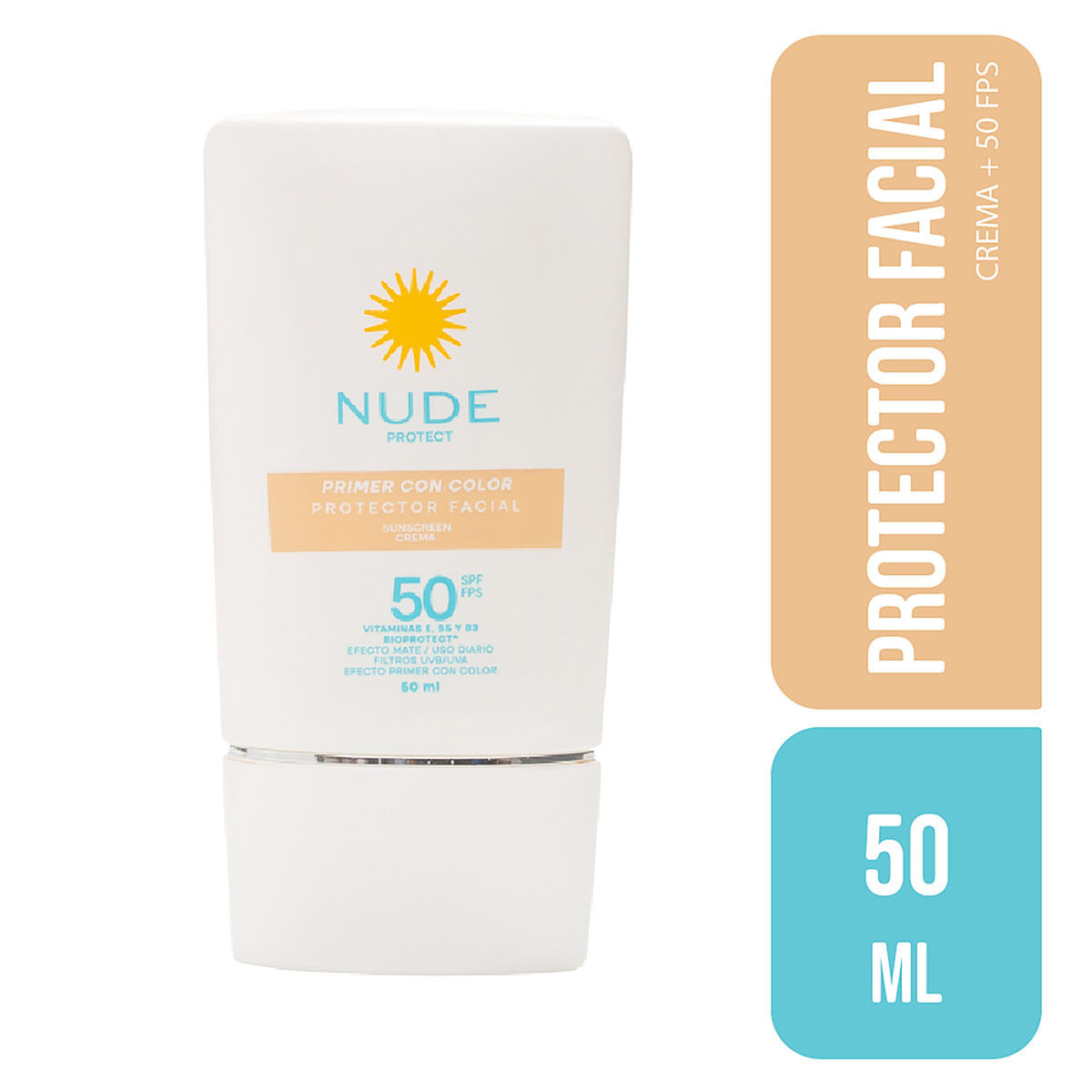 Protector Solar Facial Primer Con Color Nude Sunscreen Crema Spf 50 Tubo X 50 Ml.
