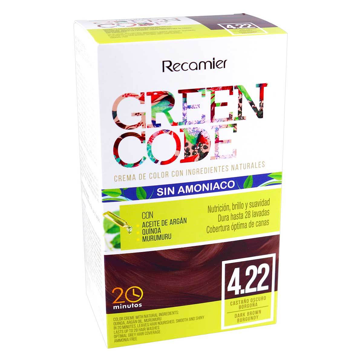 Tinte Permanente Green Code Kit 4.22 Castaño Oscuro Violeta Intenso x Caja.