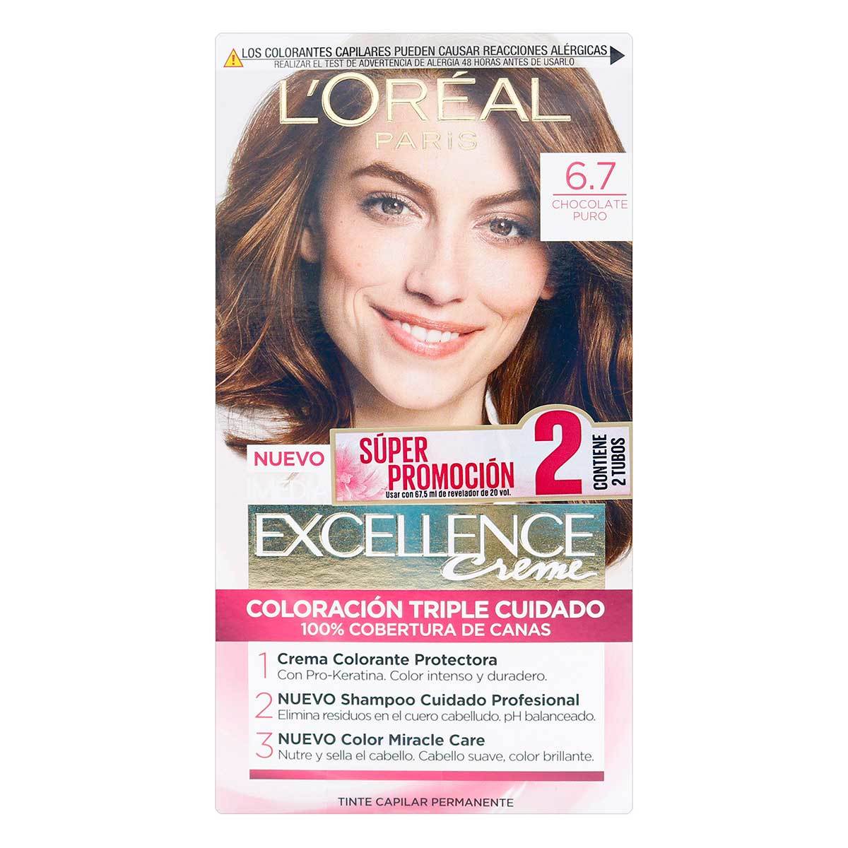 Tinte Capilar Permanente LOréal Paris Excellence Creme 6.7 Chocolate Puro x 1 Caja 2 Tubos Súper Promoción