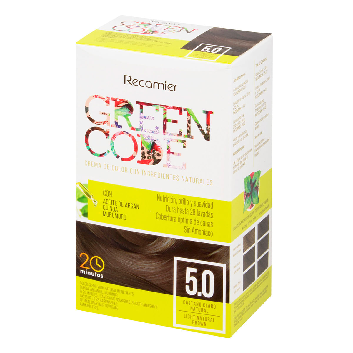 Tinte Permanente Green Code Kit 5.0 Castaño Claro Natural x Caja.