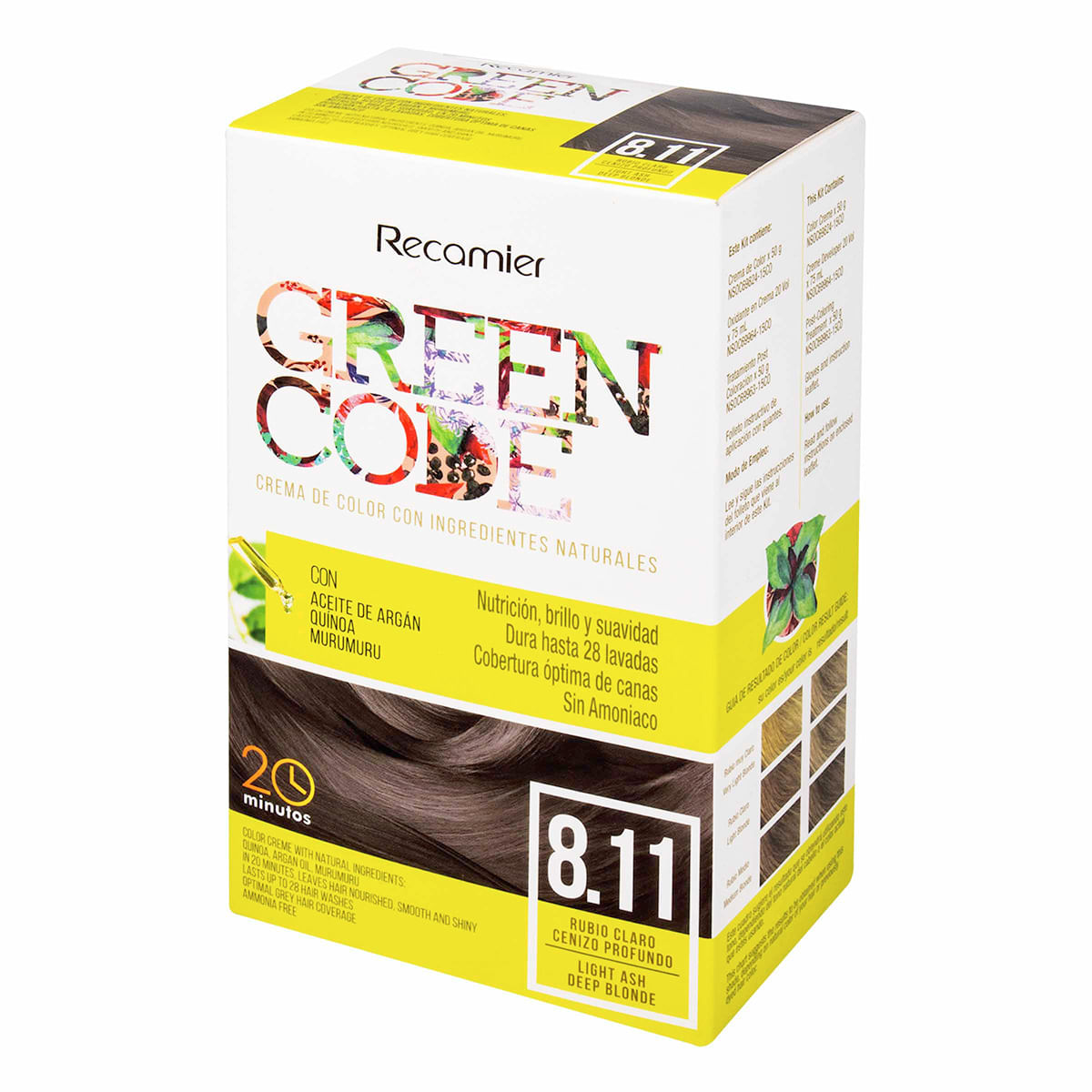 Tinte Permanente Green Code Kit 8.11 Rubio Claro Cenizo Profundo x Caja.