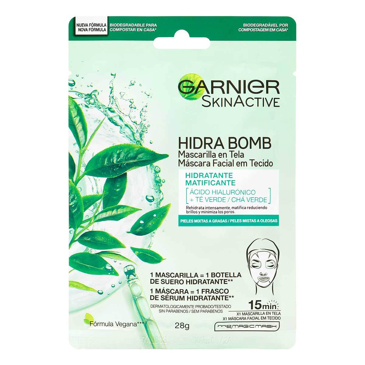 Mascarilla Facial Garnier SkinActive Hidra Bomb Té Verde en Tela Sobre x 1 Ud.