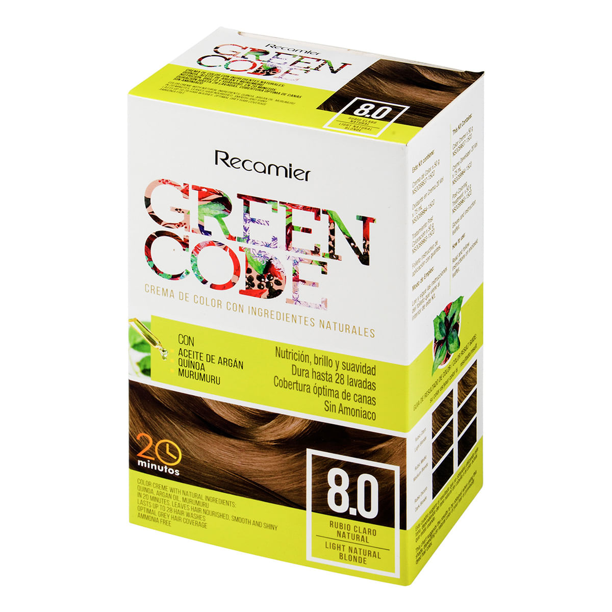 Tinte Permanente Green Code Kit 8.0 Rubio Claro Natural x Caja.