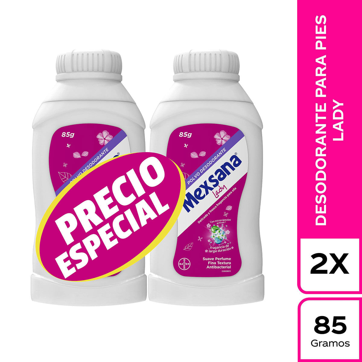 Talco Mexsana Lady Bayer Antibacterial Frasco x 85 g x 2 Uds Súper Pack.