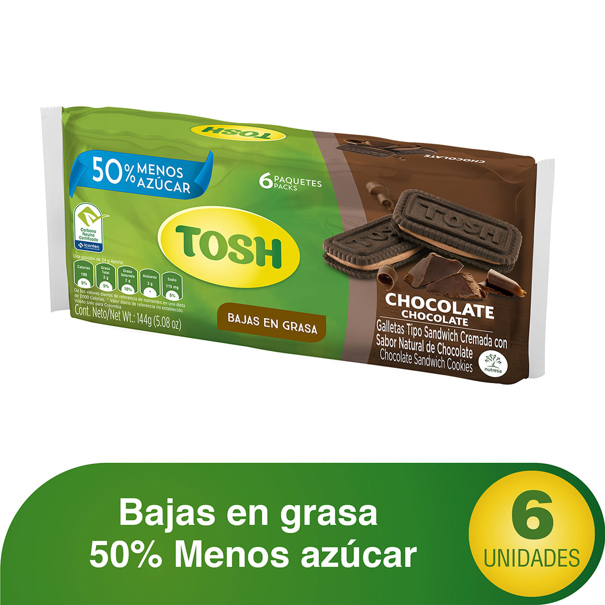 Galletas Tosh Sándwich Baja en Grasa Chocolate Paquete x 144 g x 6 Uds