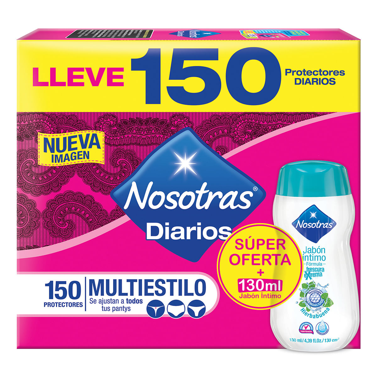Protectores Nosotras Diarios Multiestilo Caja x 150 Uds + Jabón Líquido Íntimo Nosotras Áloe Vera Frasco x 110 mL Precio Especial