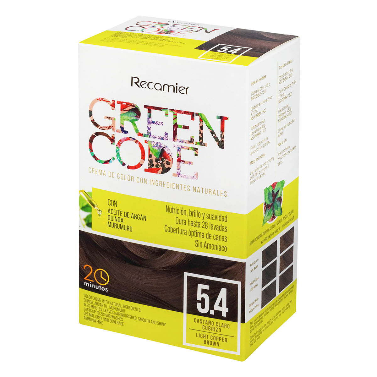 Tinte Permanente Green Code Kit 5.4 Castaño Claro Cobrizo x Caja.