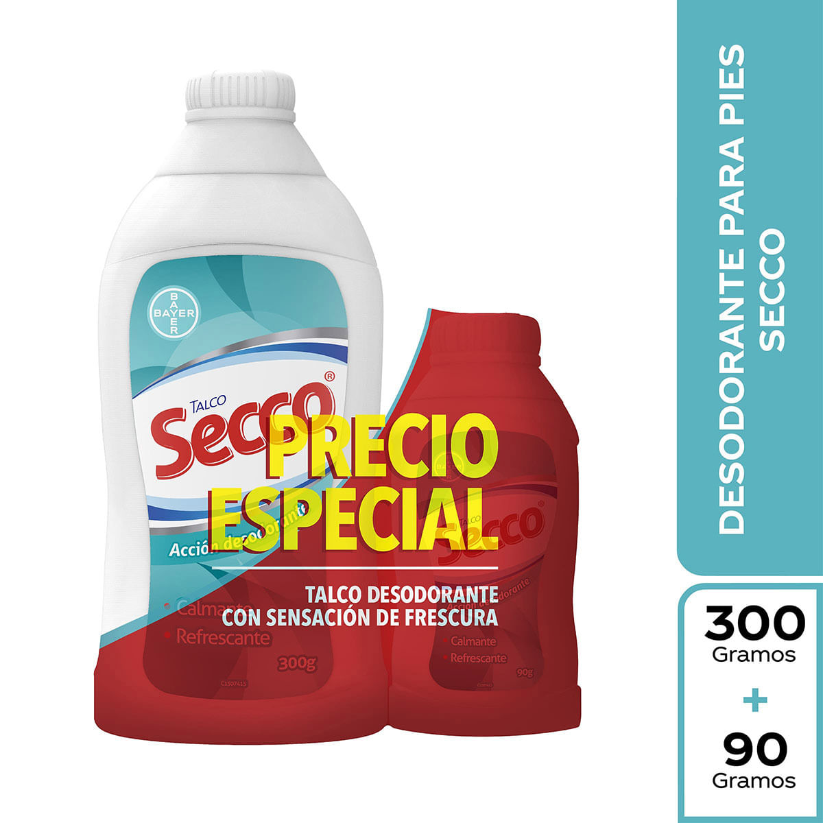 Talco Secco Bayer Acción Desodorante Frasco x 300 g + Talco Secco Bayer Acción Desodorante Frasco x 90 g Precio Especial.