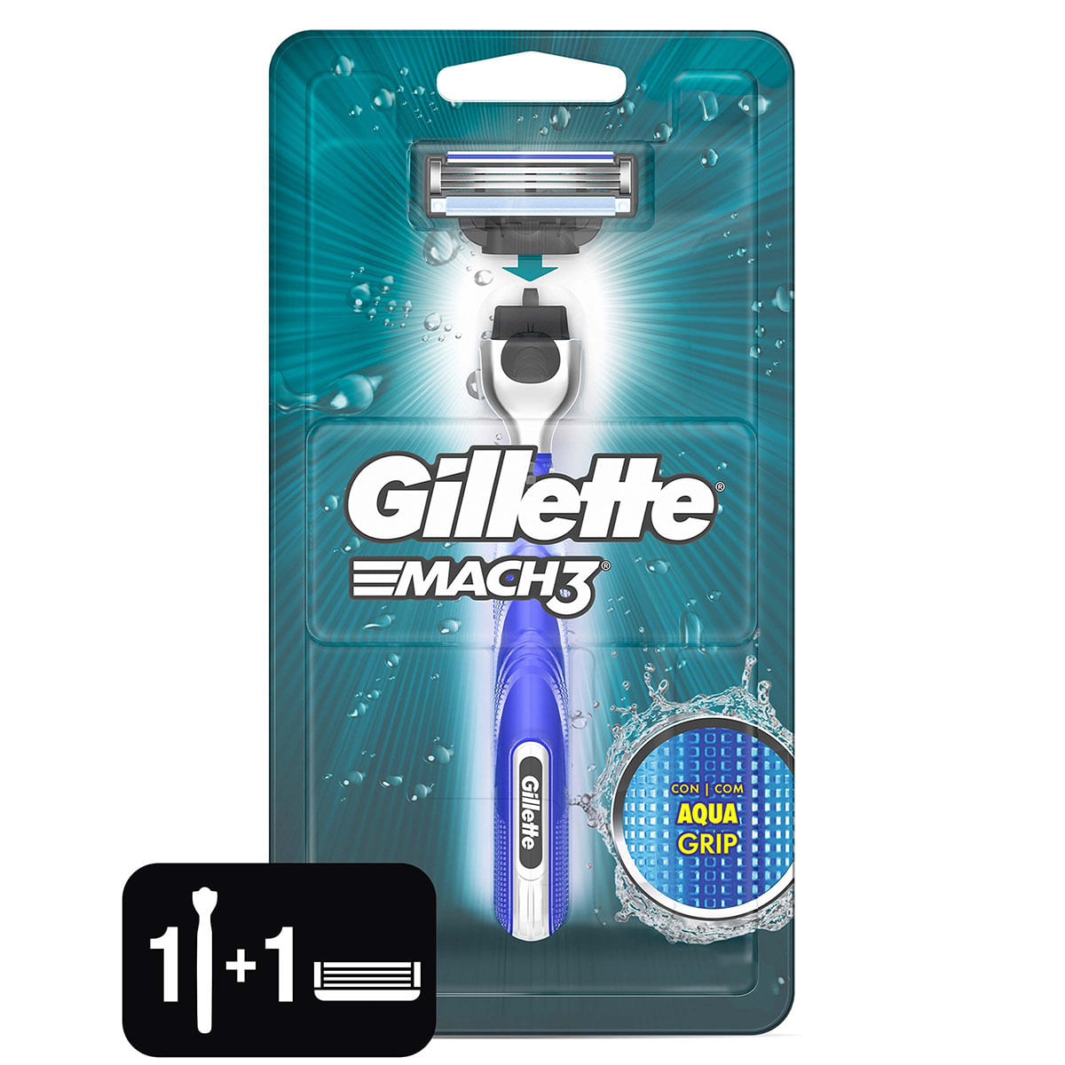 Máquina de Afeitar Recargable Gillette Mach 3 Aqua Grip con 1 Cartucho para Afeitar.