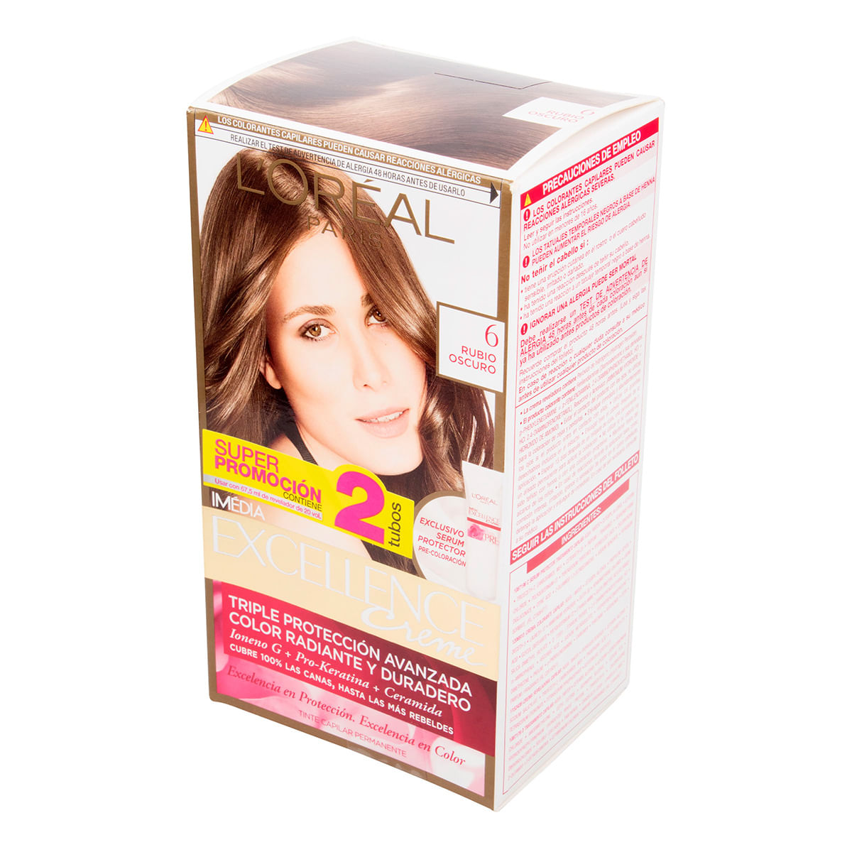 Tinte Capilar Permanente LOreal Paris Excellence Creme 6 Rubio Oscuro Caja x 2 Tubos Super Promoción
