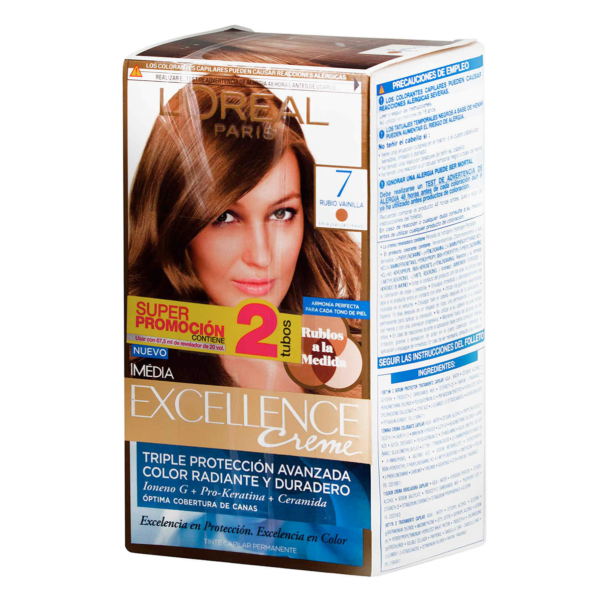Tinte Capilar Permanente LOréal Paris Excellence Creme 7 Rubio x 1 Caja 2 Tubos Súper Promoción