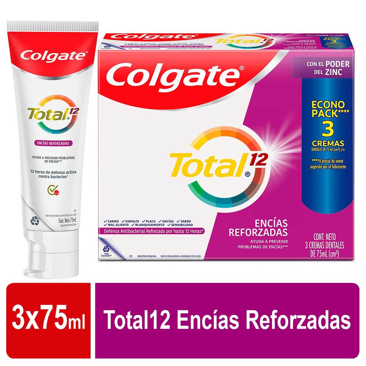 Crema Dental Colgate Total 12 Antibacterial Encías Reforzadas 75 mL Caja x 3 Uds.