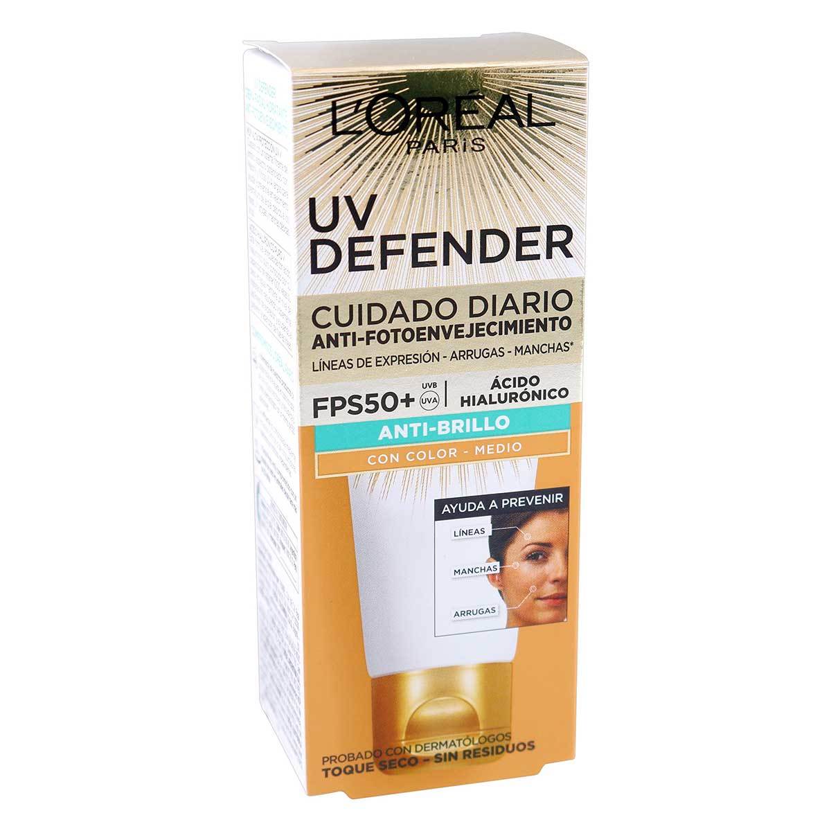 Crema UV Defender LOréal Paris Cuidado Diario Anti Brillo FPS 50 Anti-Fotoenvejecimiento Color Medio Tubo x 40 g