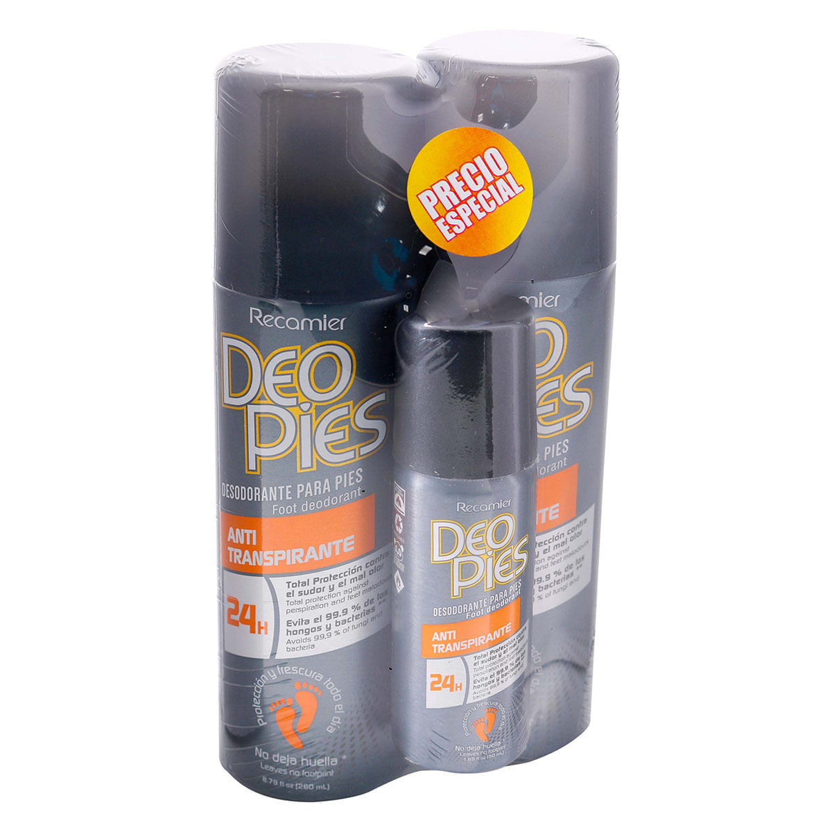 Desodorante Deo Pies Antitranspirante Spray x 260 mL x 2 Uds + Desodorante Deo Pies Antitranspirante Spray x 50 mL Precio Especial.