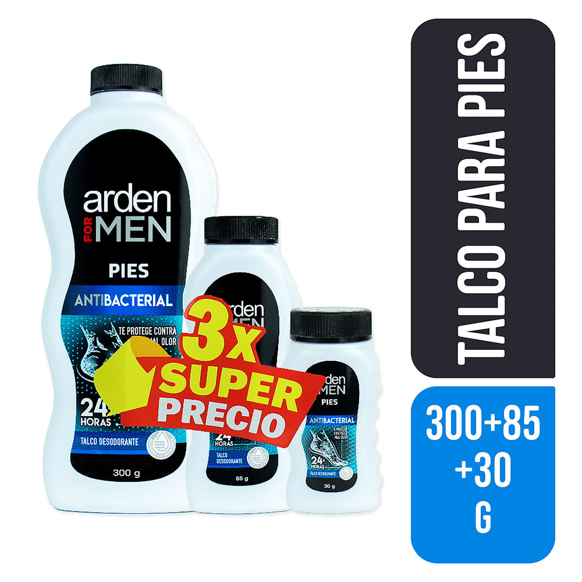 Talco Arden For Men Antibacterial Pies Frasco x 300 g + 85 g + 30 g 3 x Súper Precio