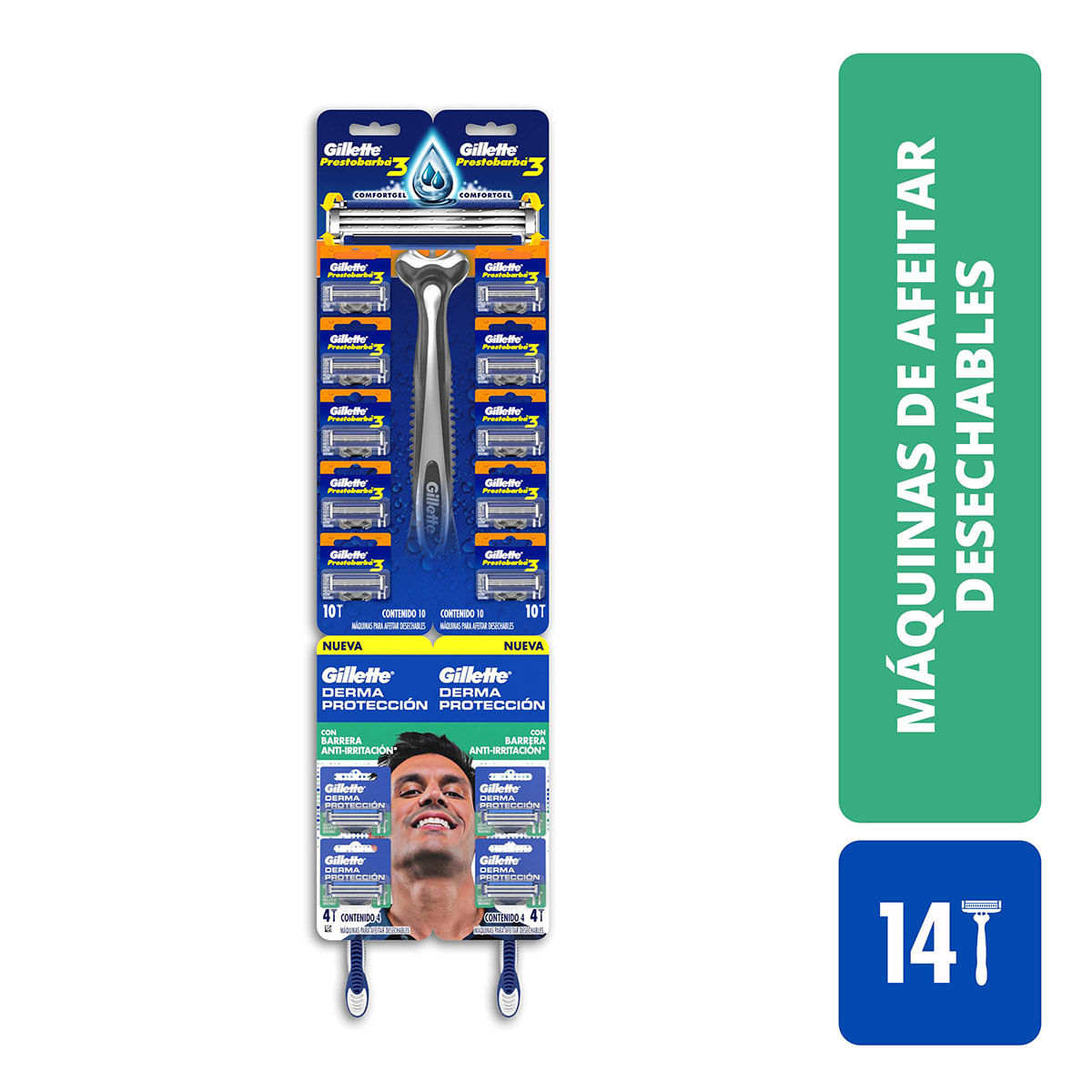 Máquina Para Afeitar Gillette Prestobarba3 X 10 Uds + Máquina Para Afeitar Gillette Derma Protección X 4 Uds