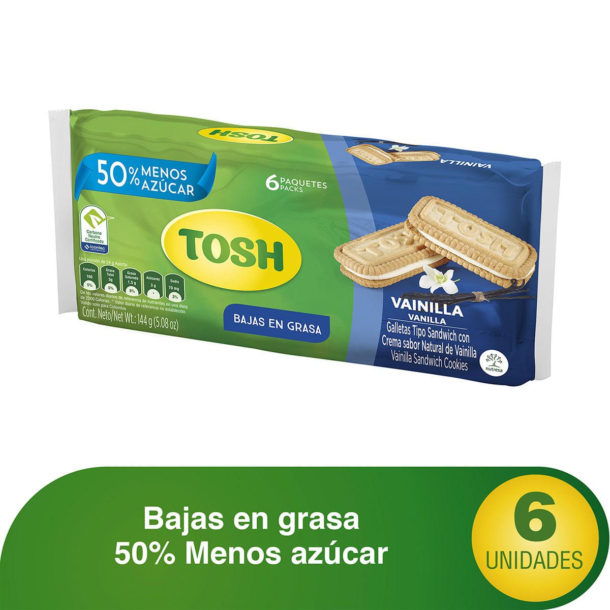 Galletas Tosh Sándwich Baja en Grasa Vainilla Paquete x 144 g x 6 Uds
