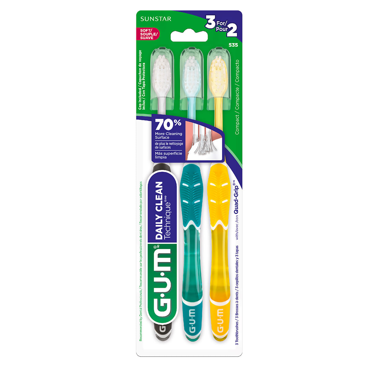 Cepillo Dental Gum Daily Clean Technique Suave Sunstar Blister X 3 Uds + Protector Cepillo Gum Sunstar X 3 Uds.