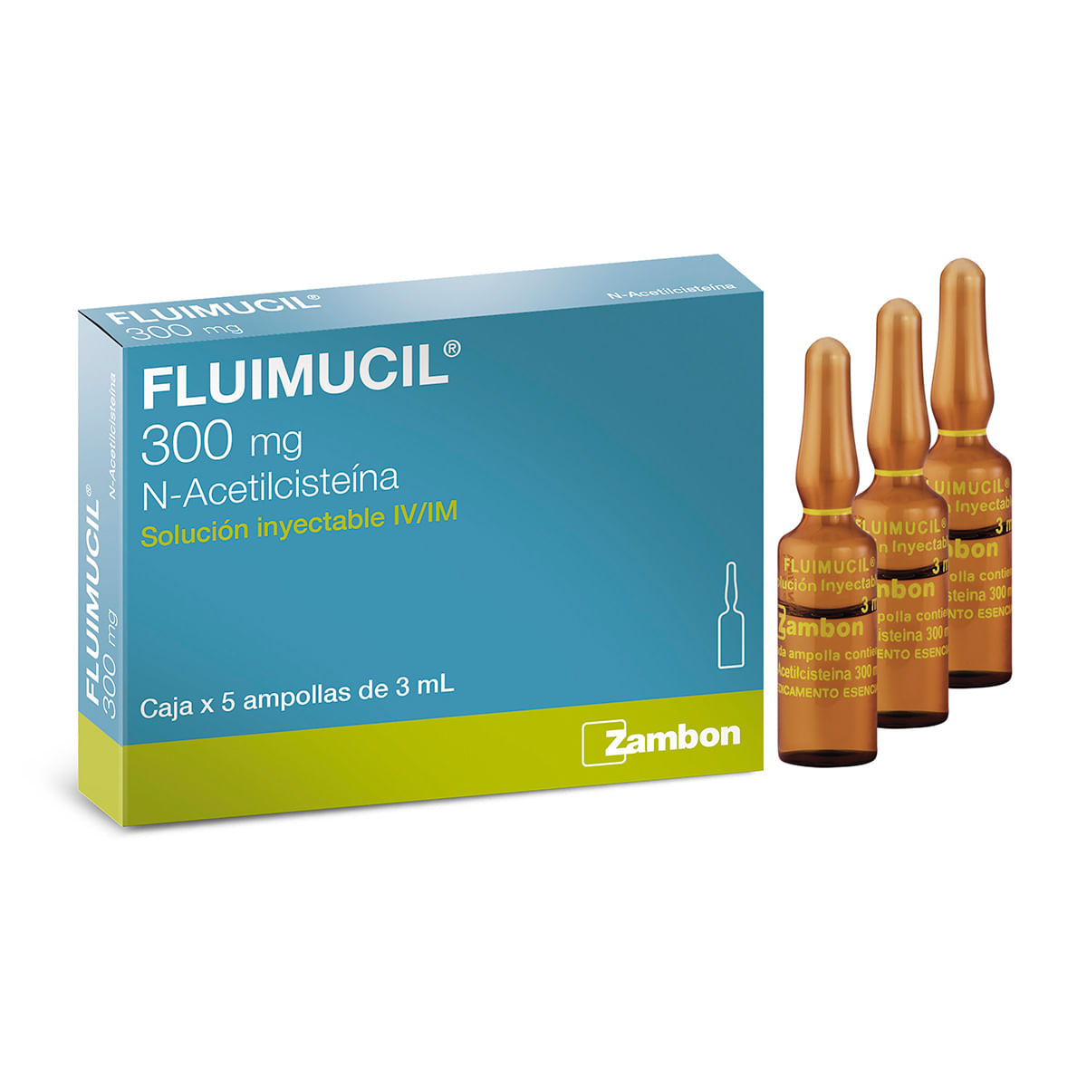 Solución Inyectable Fluimucil 300 Mg/3 Ml Zambon Caja X 5 Ampollas.