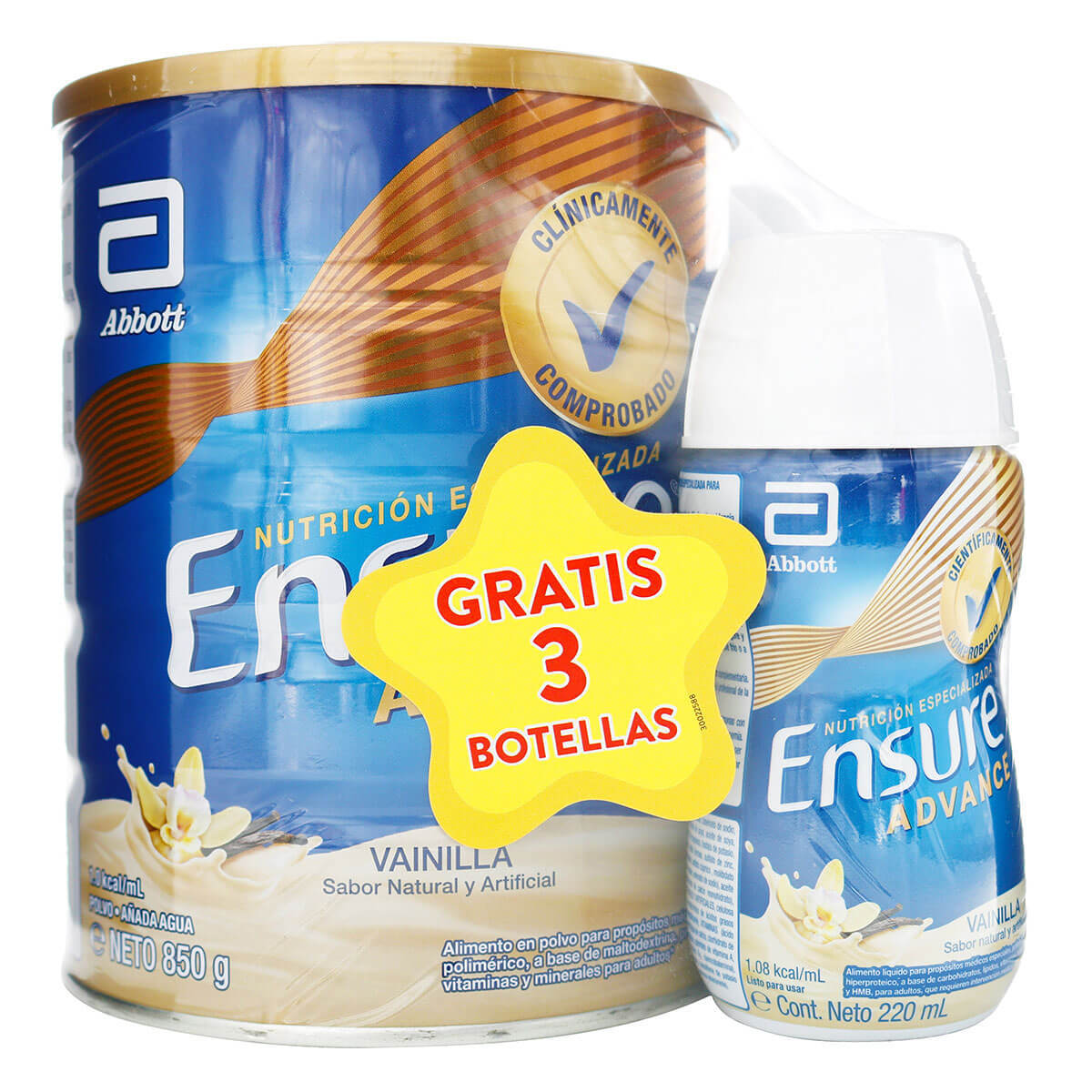 Alimento Abbott Ensure Advance Vainilla Polvo Tarro X 850 G + Alimento Abbott Ensure Advance Líquido Botella X 220 Ml X 3 Uds