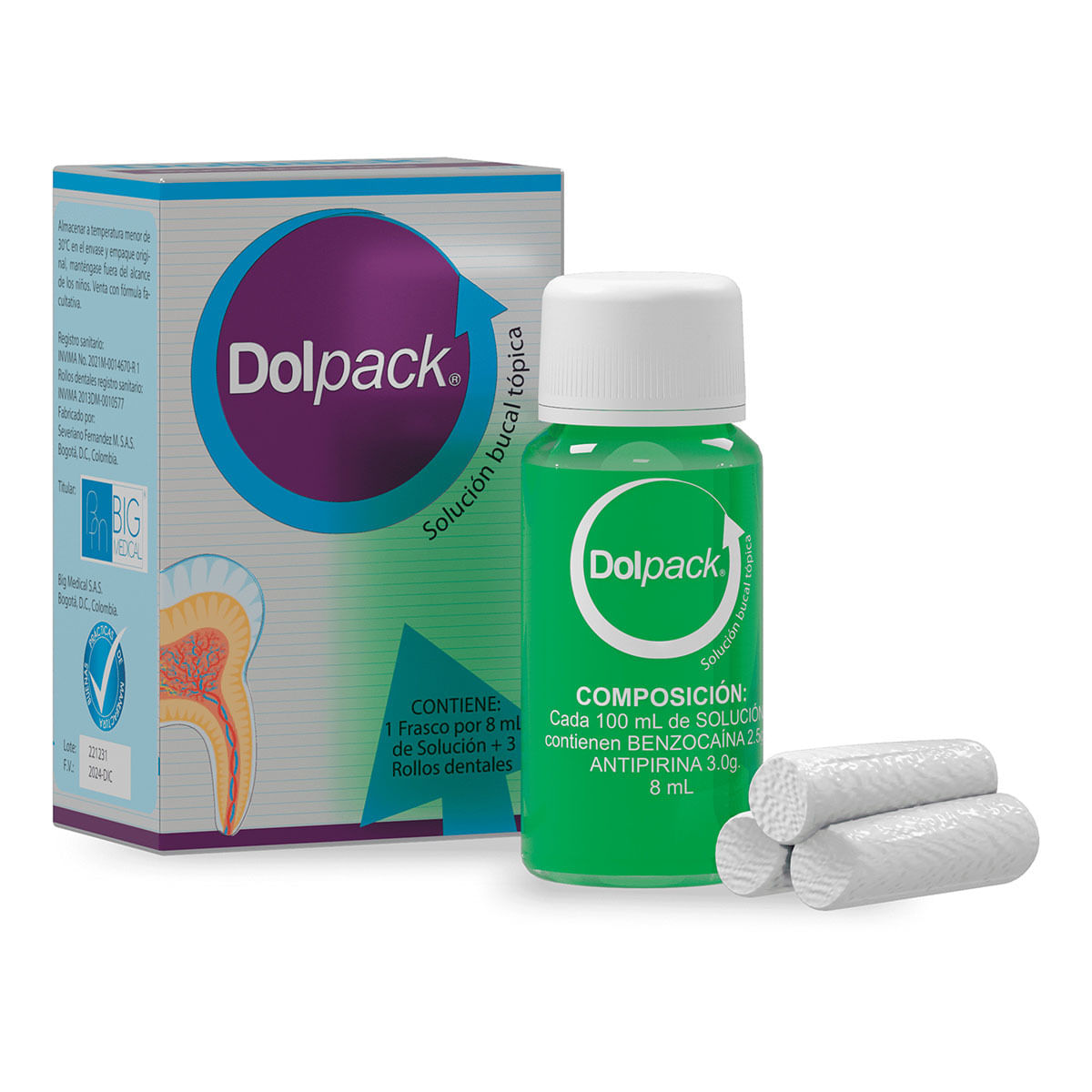 Solución Bucal Tópica Dolpack Frasco X 8 Ml + 3 Rollos Dentales.