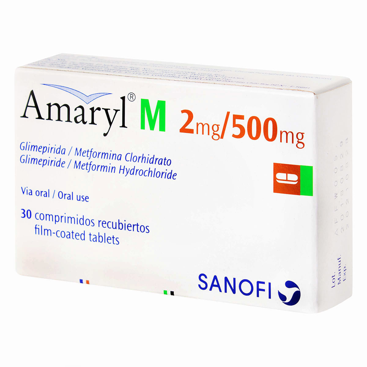 Amaryl M 2 Mg/500 Mg Sanofi Caja X 30 Comprimidos Recubiertos.