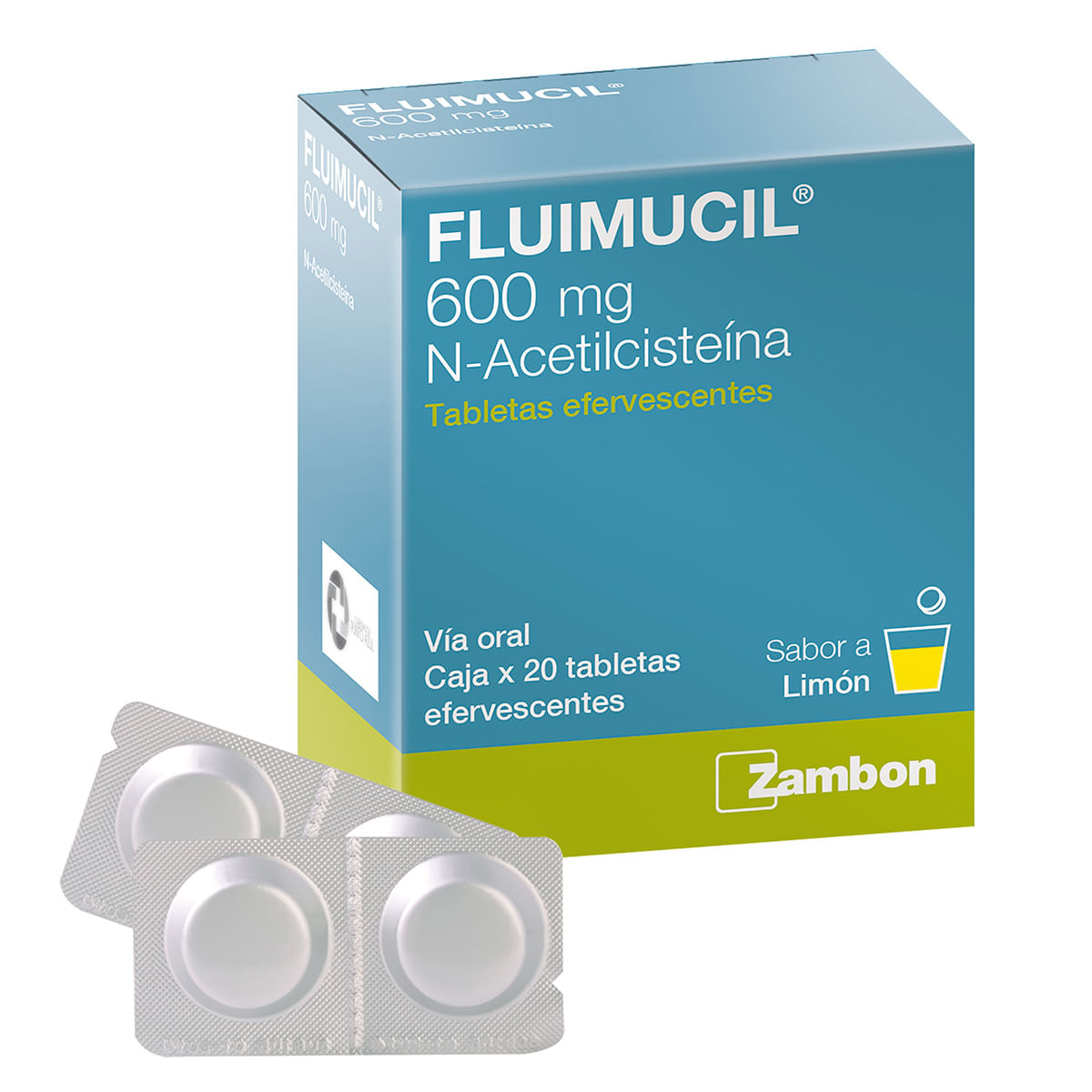Fluimucil 600 Mg Zambon Limón Caja X 20 Tabletas Efervescentes.