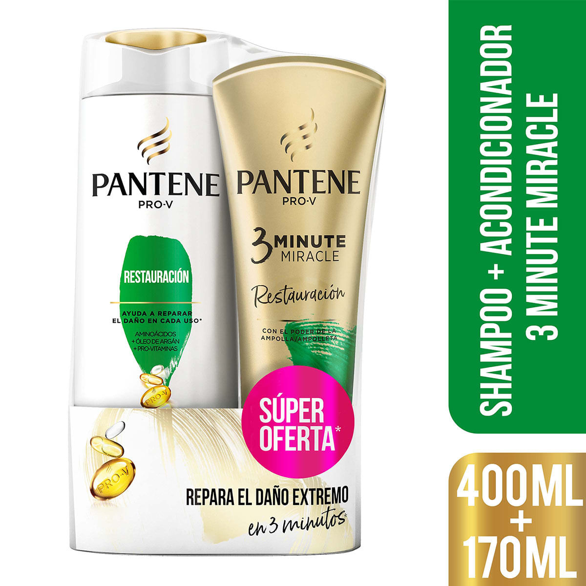 Shampoo Pantene Pro-V Restauración Frasco x 400 mL + Acondicionador Pantene Pro-V 3 Minute Miracle Restauración Tubo x 170 mL Súper Oferta.