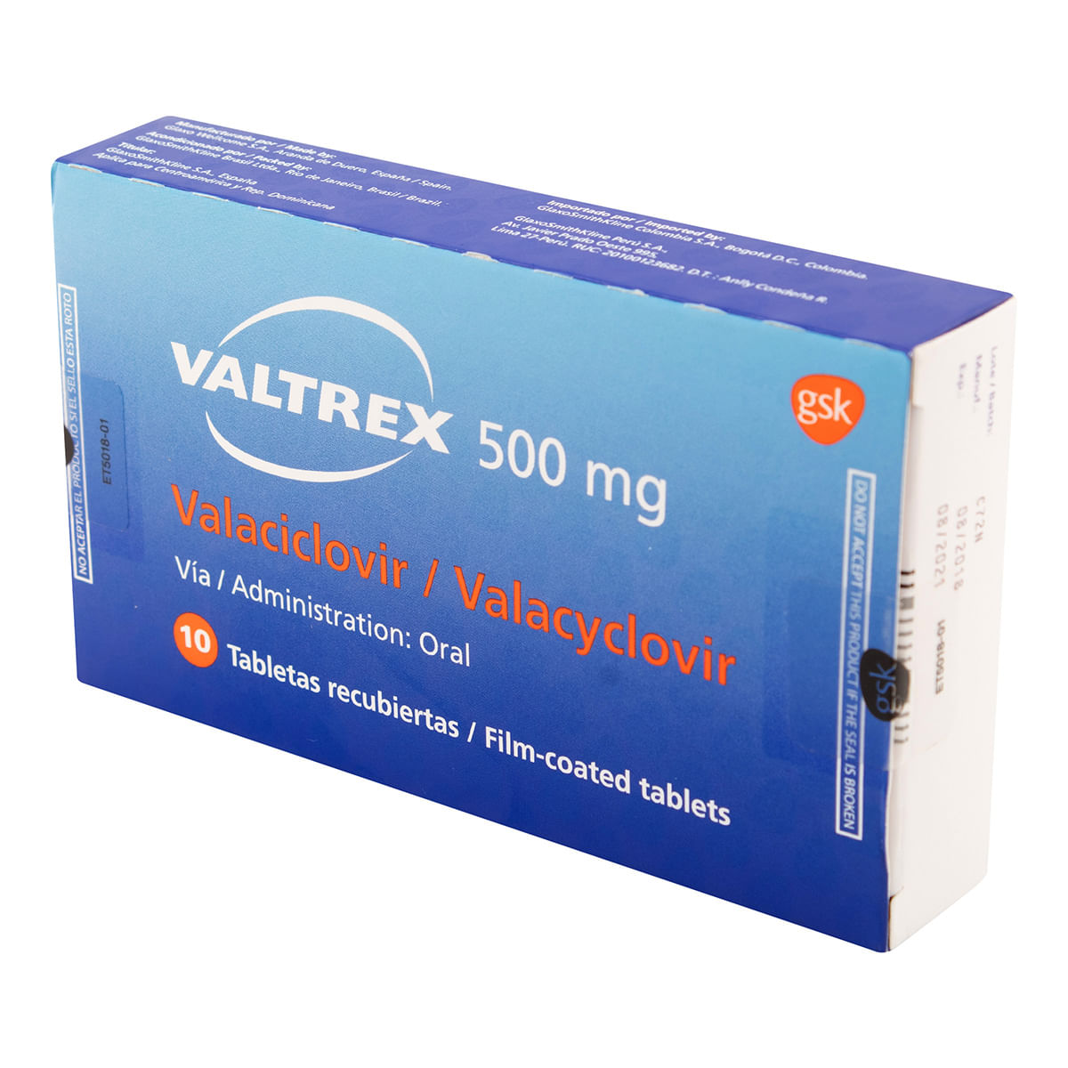 Valtrex 500 Mg Gsk Caja X 10 Tabletas Recubiertas.