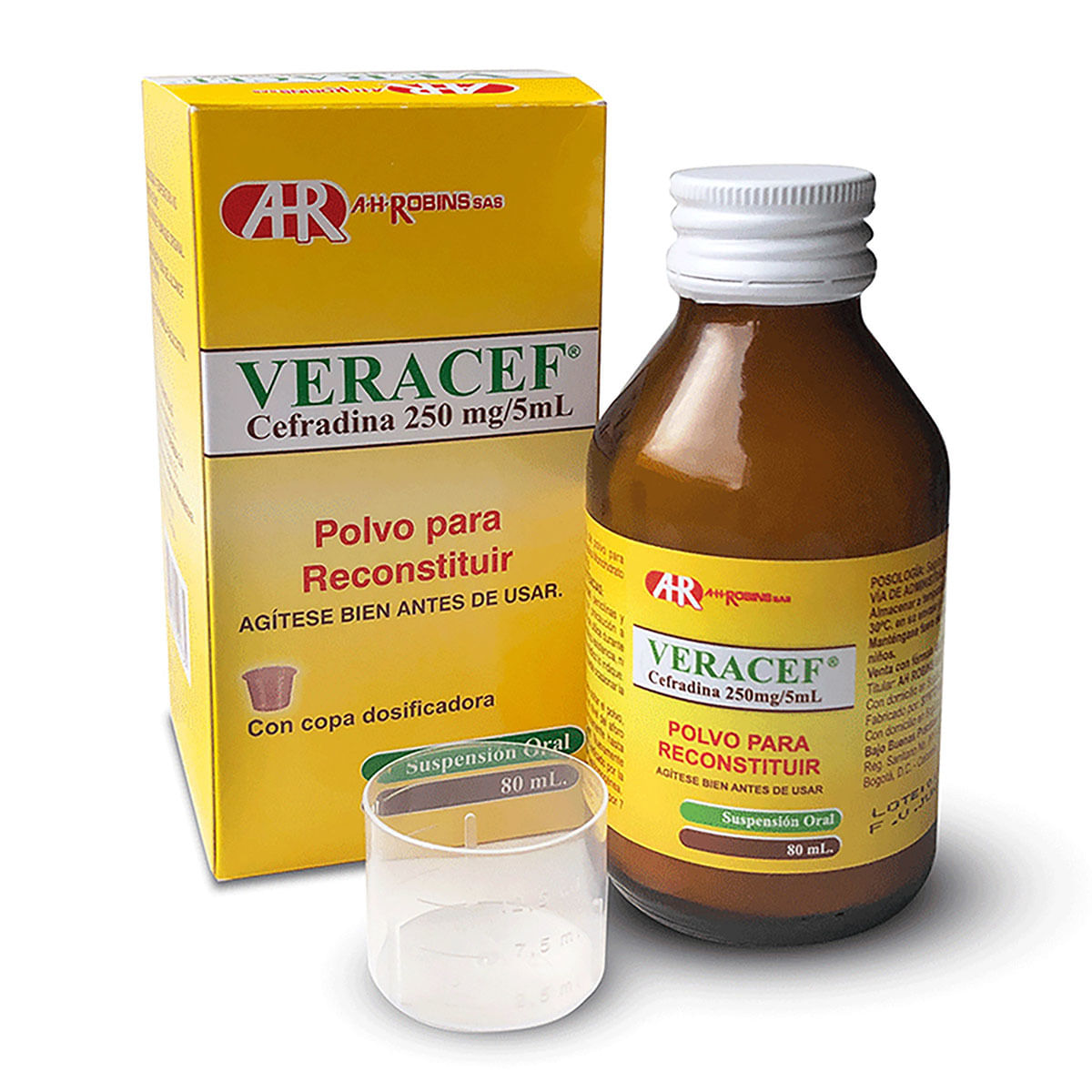 Suspensión Oral Veracef 250 Mg/5 Ml Ah Robins Polvo Caja X 80 Ml.