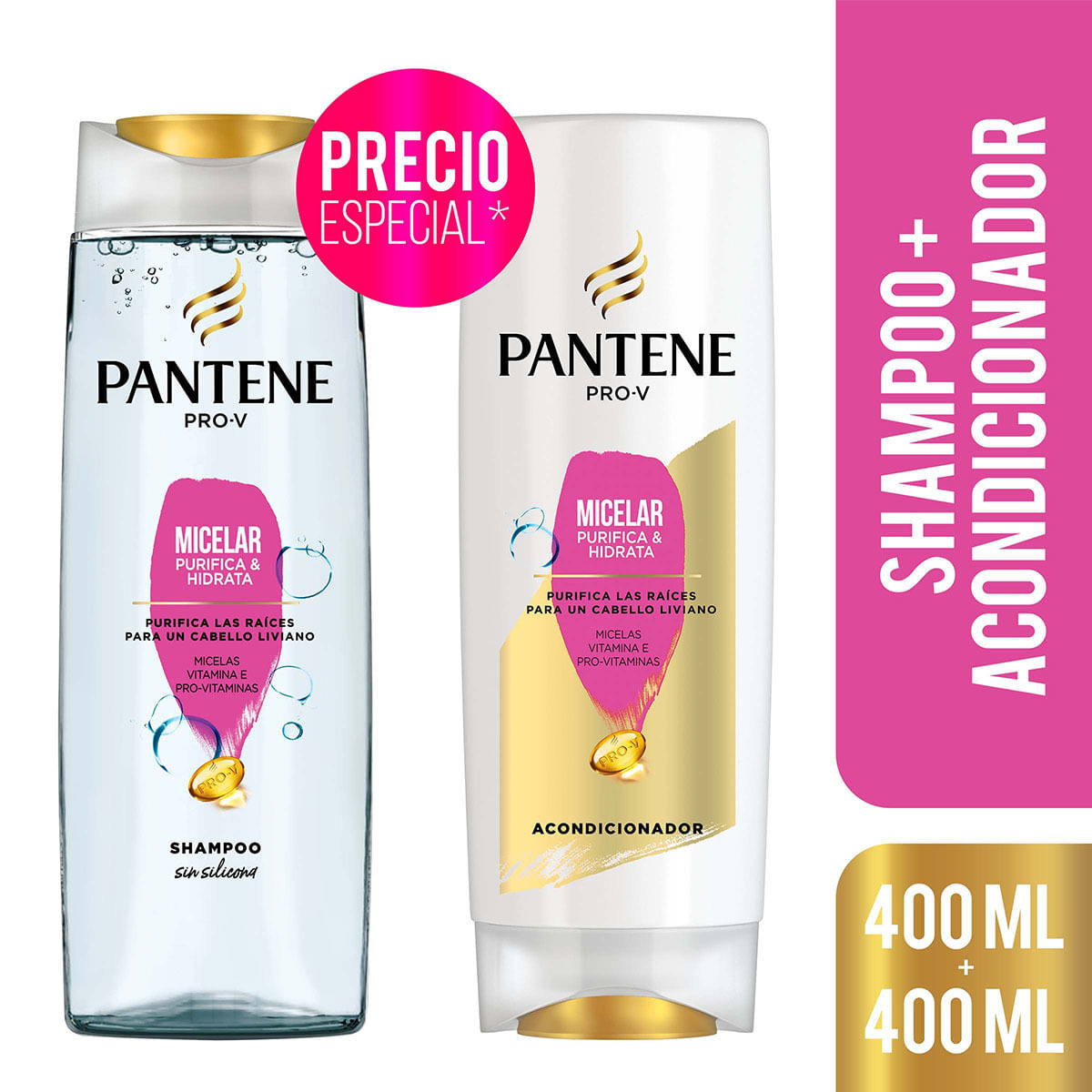 Shampoo Pantene Micelar Purifica & Hidrata Frasco x 400 mL + Acondicionador Pantene Micelar Purifica & Hidrata Frasco x 400 mL Precio Especial