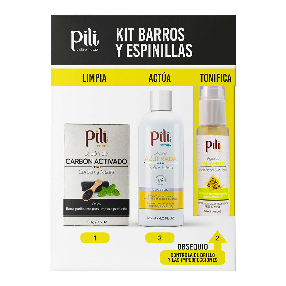 Kit Barros y Espinillas Pili Limpia. Actúa. Tonifica Caja x 3 Productos.