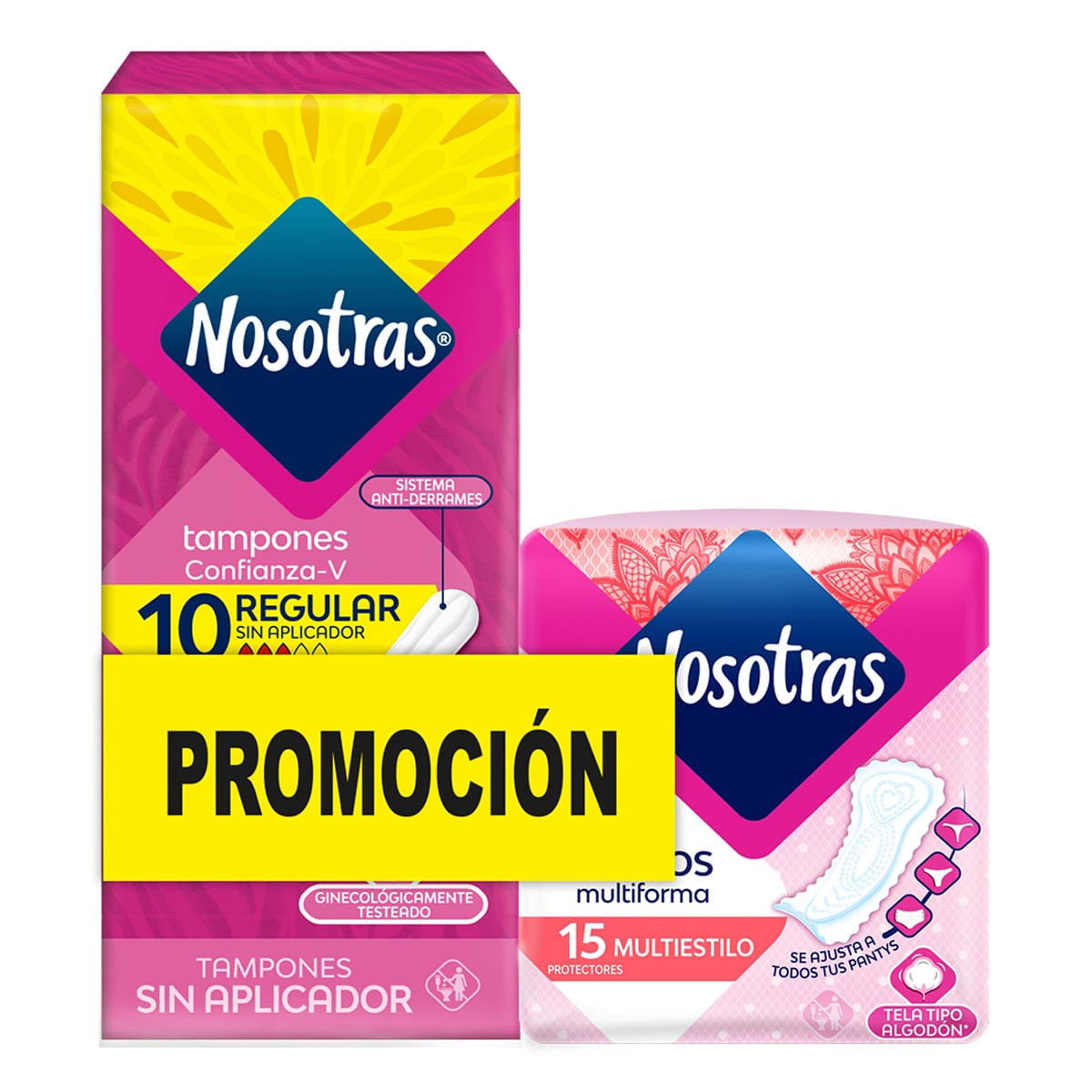 Tampones Nosotras Regular Normal Sin Aplicador Caja X 10 Uds + Protectores Nosotras Diarios Multiestilo Paquete X 15 Uds Promoción.