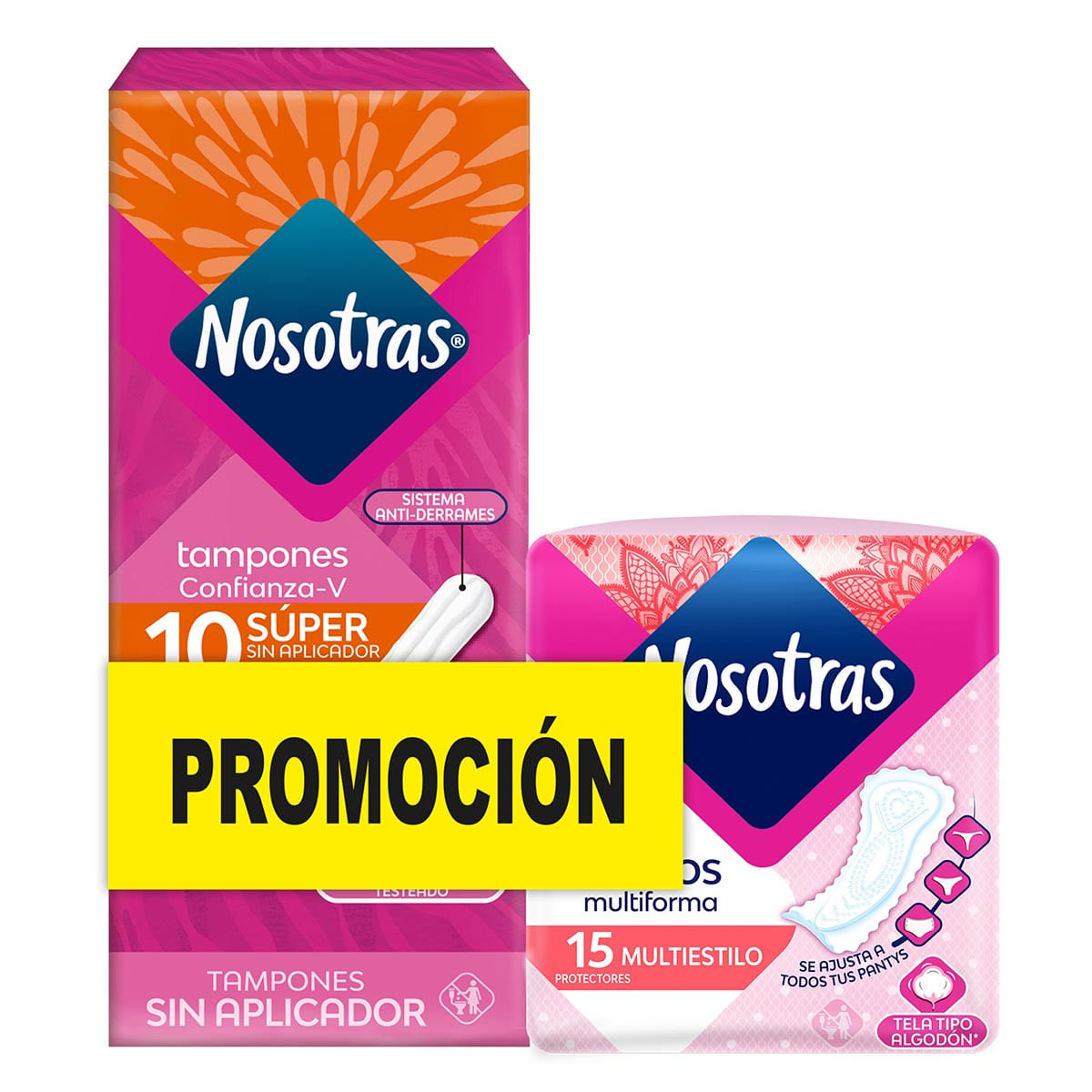 Tampones Nosotras Súper Abundante Sin Aplicador Caja X 10 Uds + Protectores Nosotras Diarios Multiestilo Paquete X 15 Uds Promoción.