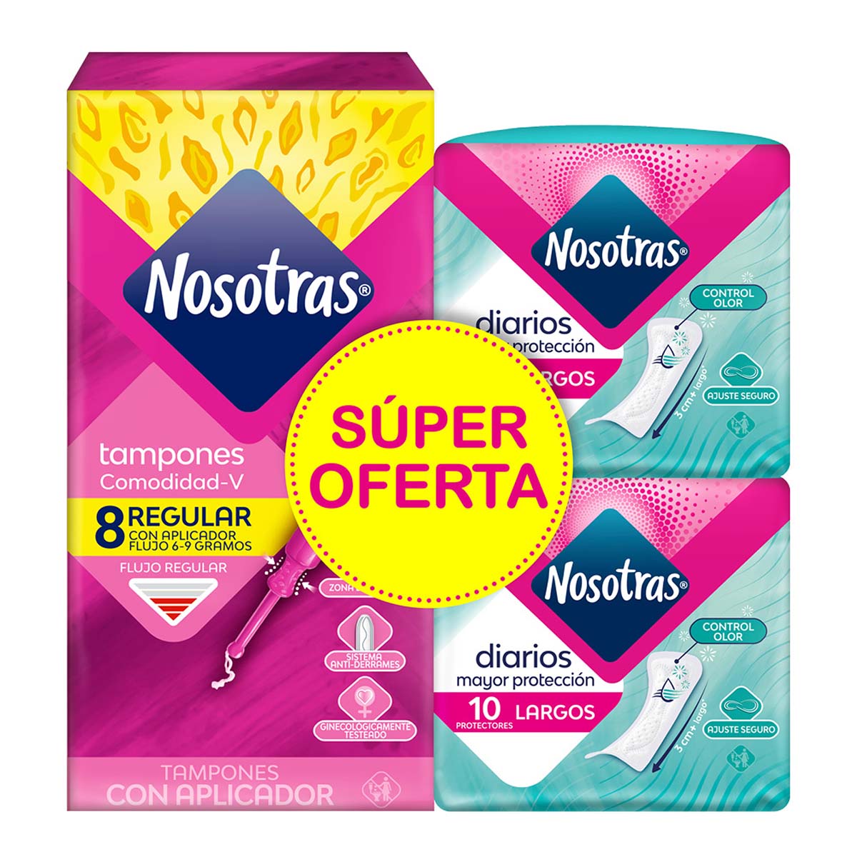 Tampones Nosotras Normal Con Aplicador Caja X 8 Uds + 2 Protectores Nosotras Diarios Largos Paquete X 10 Uds Súper Oferta.